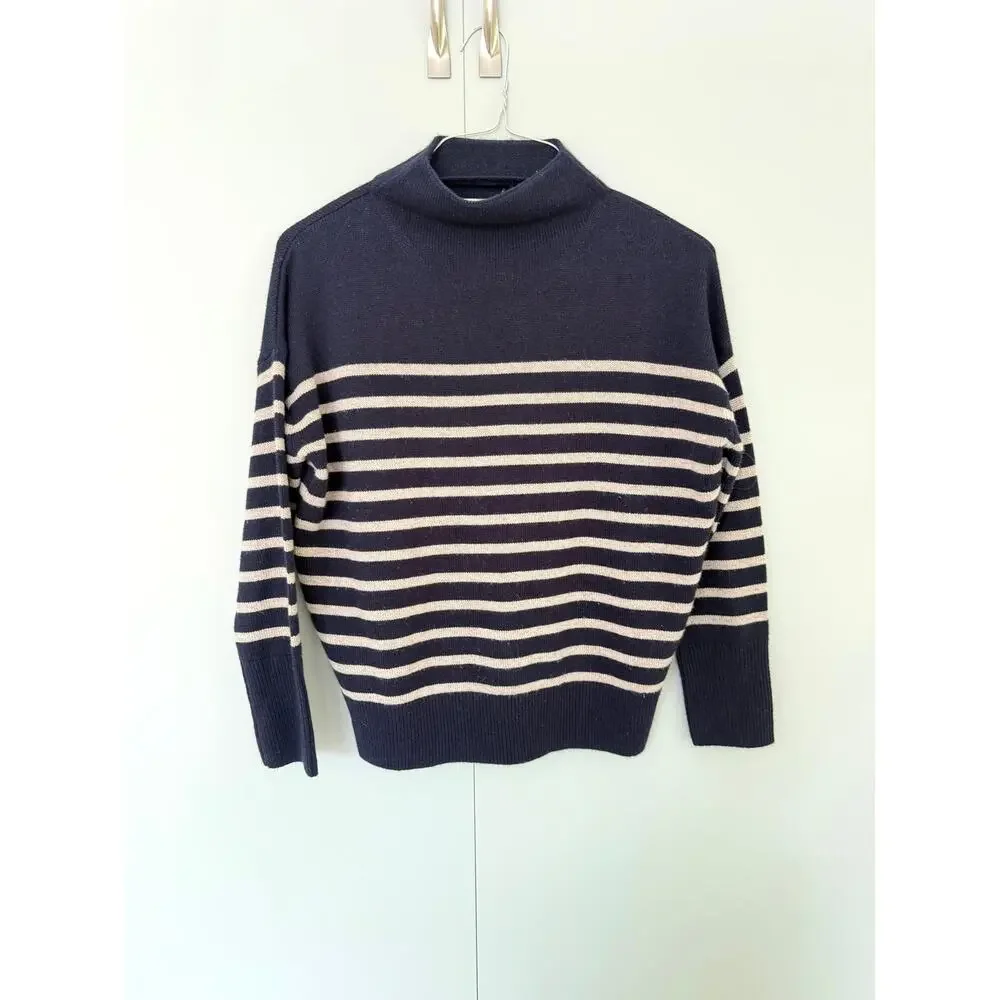 THE RESET 'R LABEL' Women's Wool Cashmere Blend Striped Mock Neck Sweater Navy